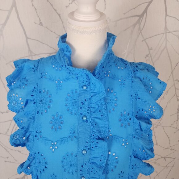 Deluc Turquoise Blue 100% Cotton Eyelet Ruffle High Neck Top - Picture 3 of 8